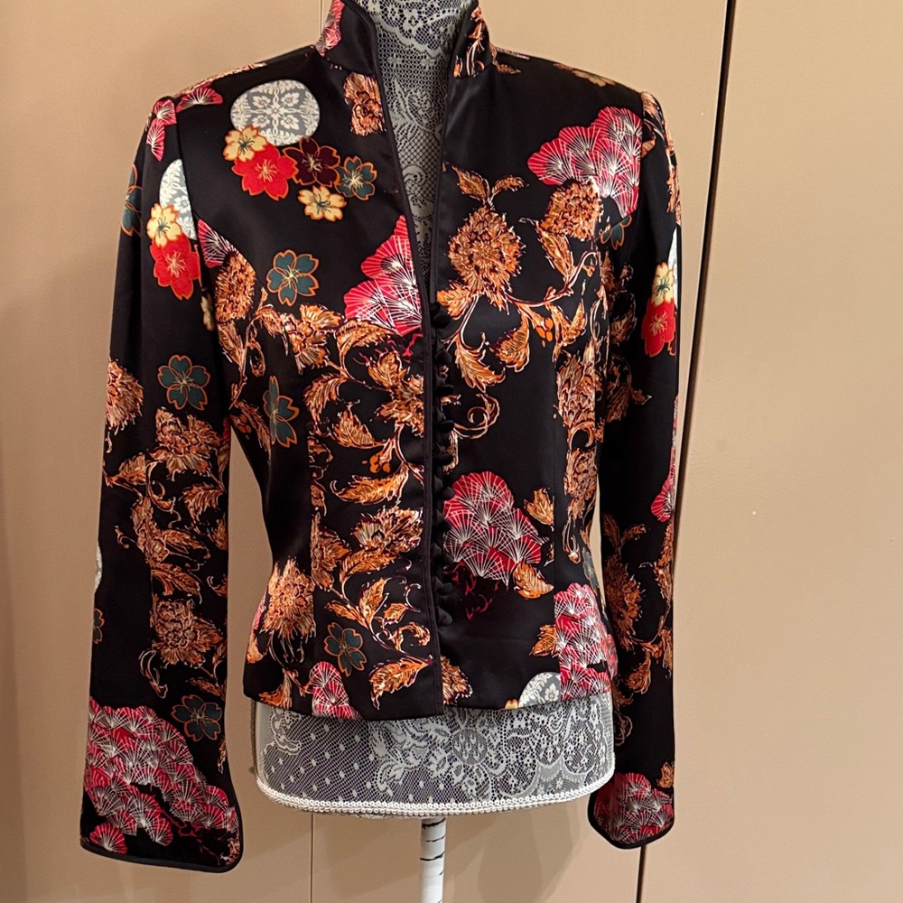 JS Collections Black Floral 100% Silk Blazer